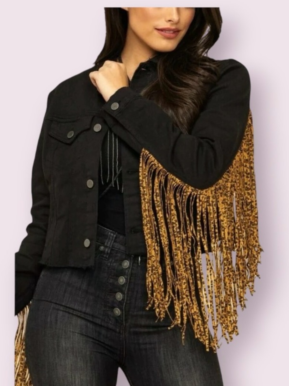 Scully Black Crop Denim Jean Jacket Long Cheetah Print Fringes Size Small